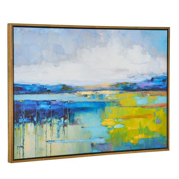 Benzara 25 X 37 Handcrafted Wall Art Sunset Calm Water Framed Canvas Gold Yellow - BM315751