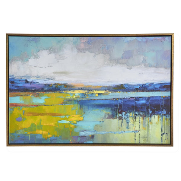 Benzara 25 X 37 Handcrafted Wall Art Sunset Calm Water Framed Canvas Gold Yellow - BM315751
