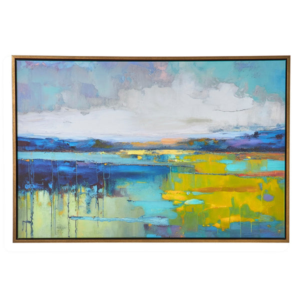 benzara 25 x 37 Handcrafted Wall Art Sunset Calm Water Framed Canvas Gold Yellow - BM315751