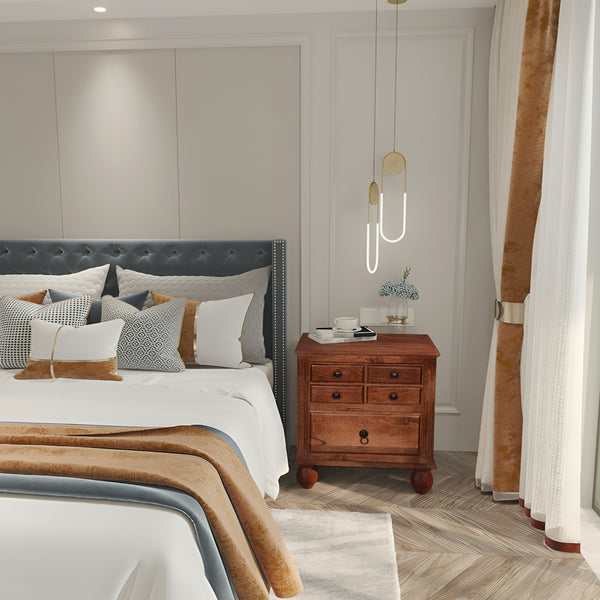 Benzara 26 Inch Handcrafted Nightstand 2 Drawers Black Powder Coated Knobs Walnut Brown Mango Wood - BM123138