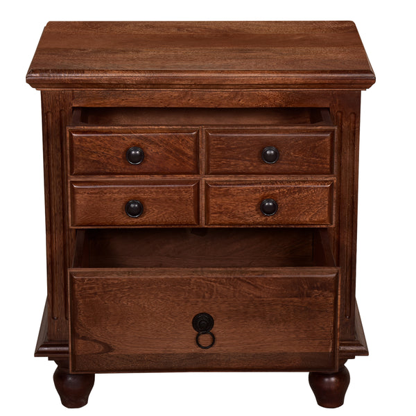 Benzara 26 Inch Handcrafted Nightstand 2 Drawers Black Powder Coated Knobs Walnut Brown Mango Wood - BM123138