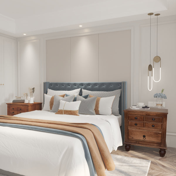 benzara 26 Inch Handcrafted Nightstand 2 Drawers Black Powder Coated Knobs Walnut Brown Mango Wood - BM123138