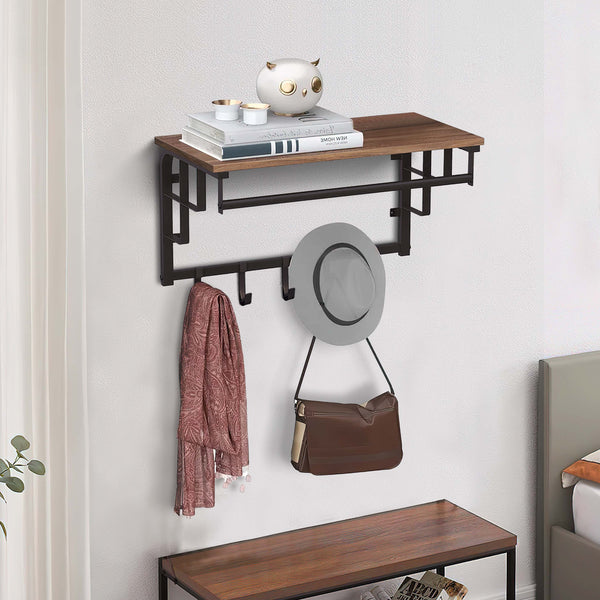 Benzara 26 Inch Industrial Metal Frame Wall Mount Coat Rack 5 Hooks 1 Shelf Rustic Brown Black - BM195870