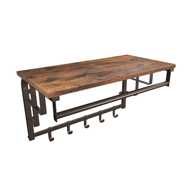 Benzara 26 Inch Industrial Metal Frame Wall Mount Coat Rack 5 Hooks 1 Shelf Rustic Brown Black - BM195870