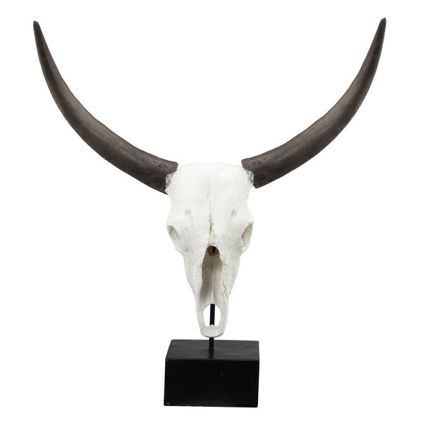 benzara 26 Inch Resin Cow Skull Accent Table Decoration Metal Block Base White - BM285592
