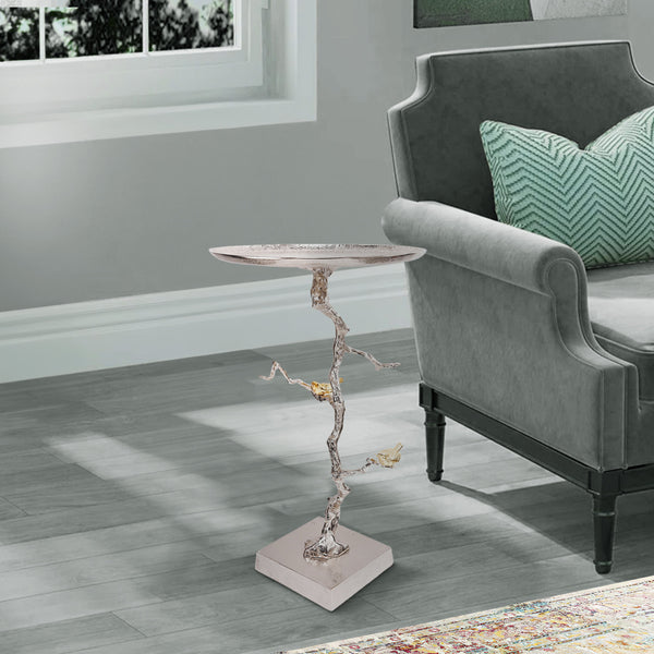benzara 28 Inch Accent Table Artful Branch Like Frame Gold Bird Accents Silver - BM285256