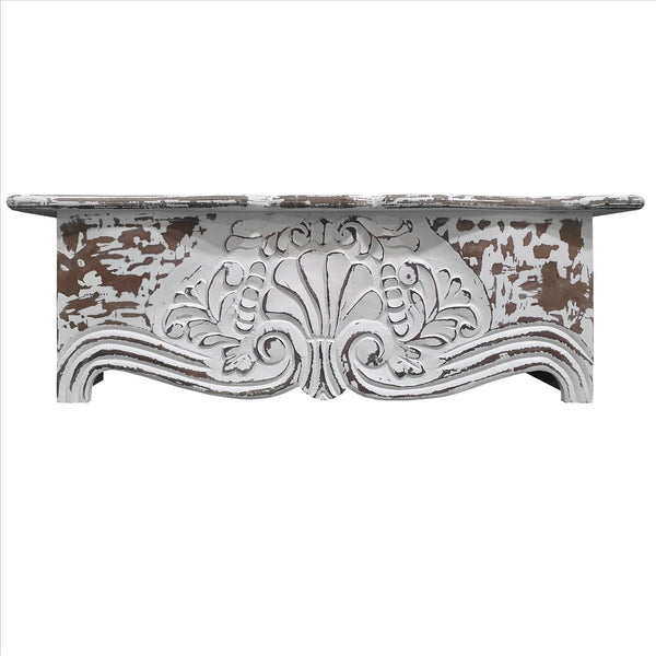 Benzara 28 Inch Handcrafted Floating Wall Shelf Ornate Carved Wood With Engraved Floral Details Distressed White - UPT-242448