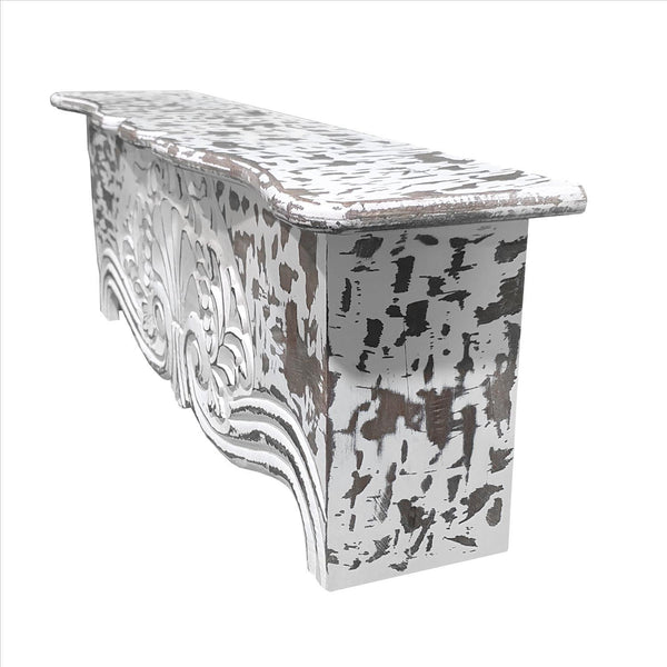 Benzara 28 Inch Handcrafted Floating Wall Shelf Ornate Carved Wood With Engraved Floral Details Distressed White - UPT-242448