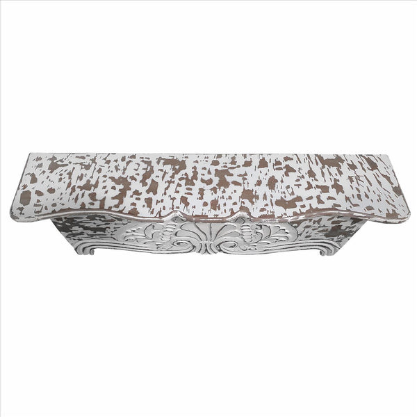 Benzara 28 Inch Handcrafted Floating Wall Shelf Ornate Carved Wood With Engraved Floral Details Distressed White - UPT-242448