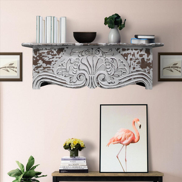 benzara 28 Inch Handcrafted Floating Wall Shelf Ornate Carved Wood With Engraved Floral Details Distressed White - UPT-242448