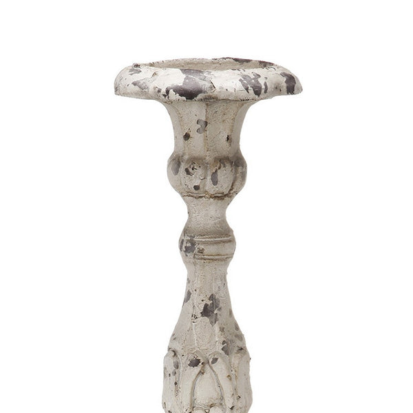 Benzara 28 Inch Metal Candle Holder Classical Turned Pedestal Distressed White - BM285595