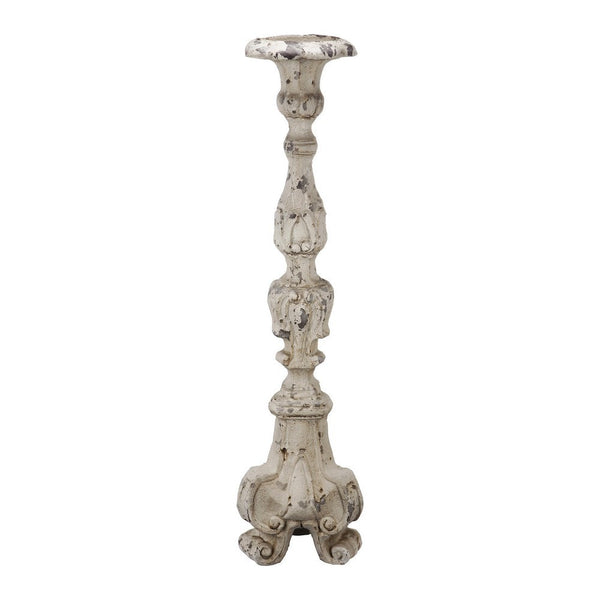 benzara 28 Inch Metal Candle Holder Classical Turned Pedestal Distressed White - BM285595
