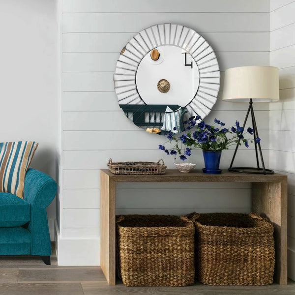 benzara 28 Inch Round Floating Wall Mirror with Mirrored Frame Work Silver - UPT-226276