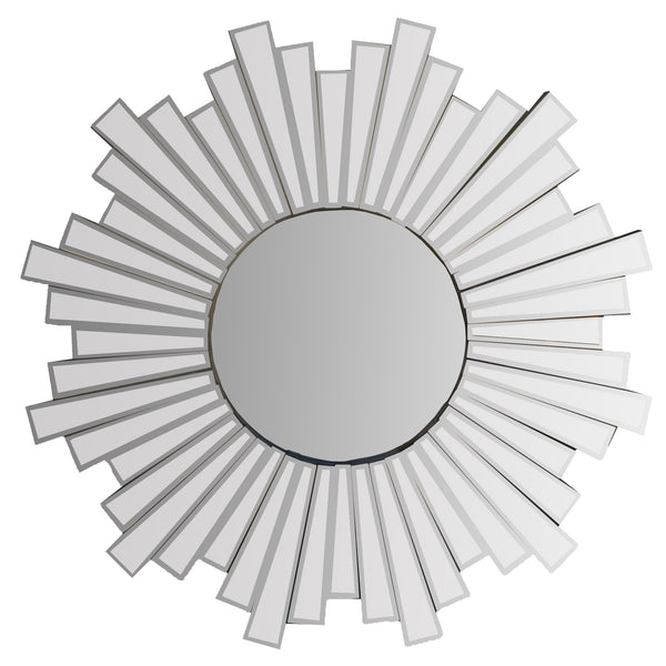 Benzara 28 Inch Round Floating Wall Mirror With Sunburst Design Frame Silver - UPT-226281