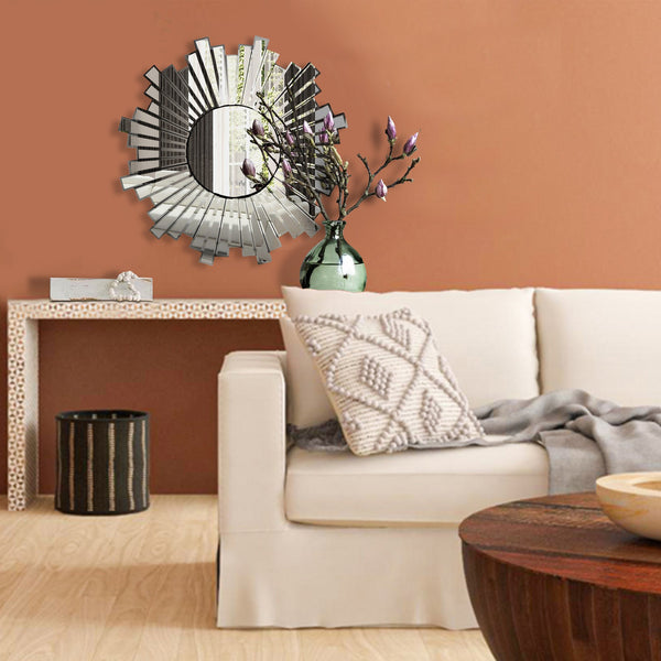 benzara 28 Inch Round Floating Wall Mirror with Sunburst Design Frame Silver - UPT-226281