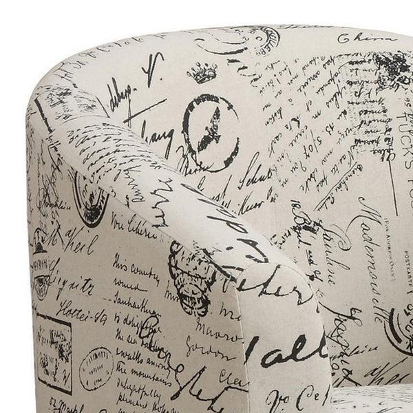Benzara 30 Inch Barrel Accent Chair With Half Oval Ottoman Off White French Script - BM296084