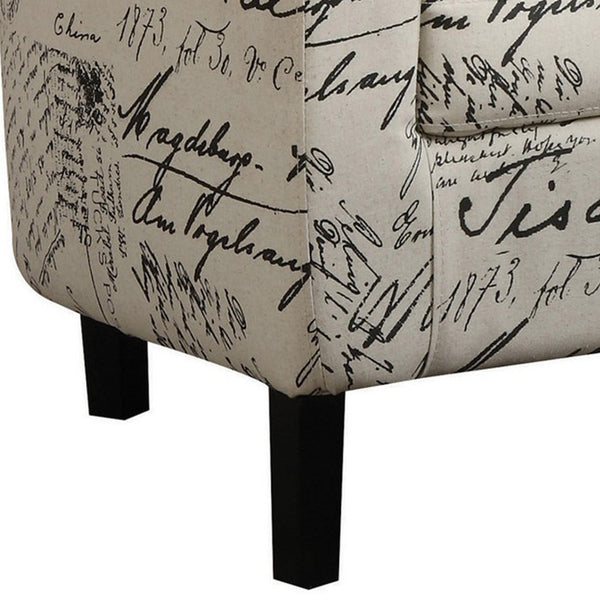 Benzara 30 Inch Barrel Accent Chair With Half Oval Ottoman Off White French Script - BM296084