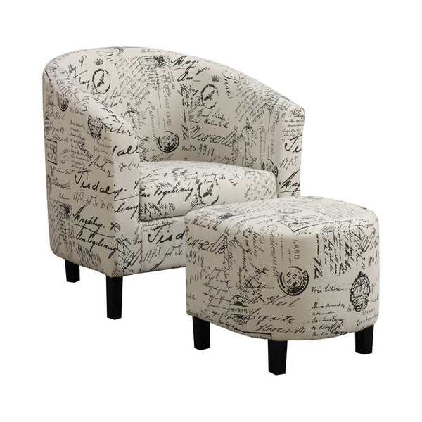 benzara 30 Inch Barrel Accent Chair with Half Oval Ottoman Off White French Script - BM296084
