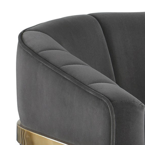 Benzara 30 Inch Barrel Foam Accent Chair Brushed Gold Floating Base Gray Velvet - BM296117