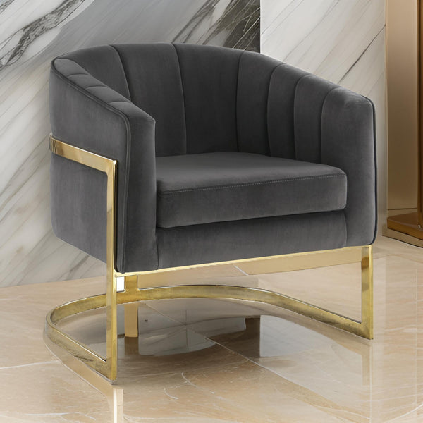 benzara 30 Inch Barrel Foam Accent Chair Brushed Gold Floating Base Gray Velvet - BM296117