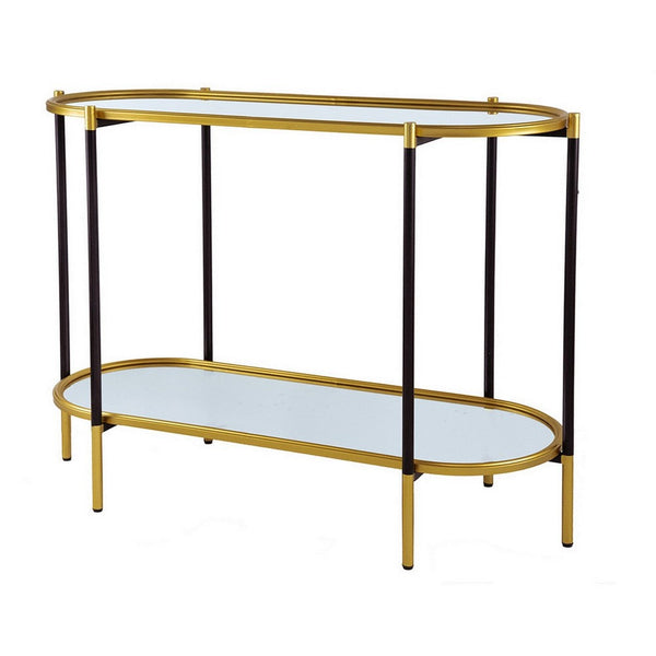 Benzara 30 Inch Console Sideboard Table Oblong Mirrored Top Black Gold - BM285113