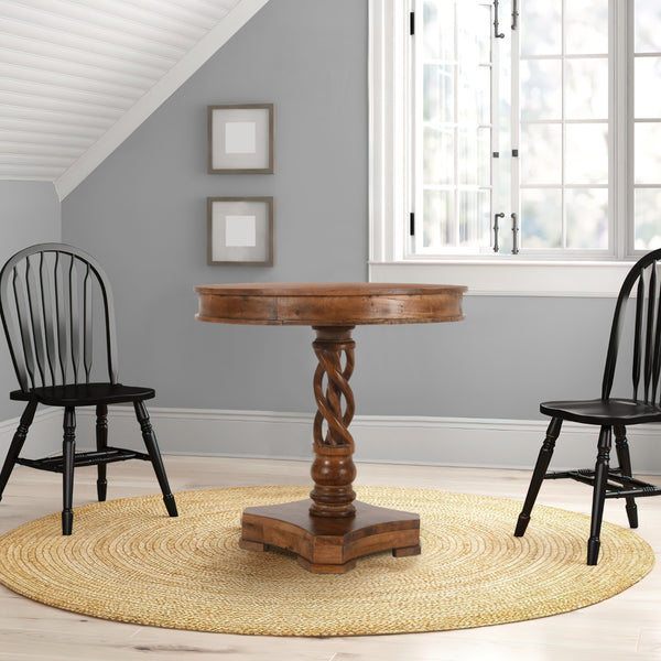 Benzara 30 Inch Handcrafted Round Mango Wood Dinette Artisanal Twisted Pedestal Base Walnut Brown - UPT-213134