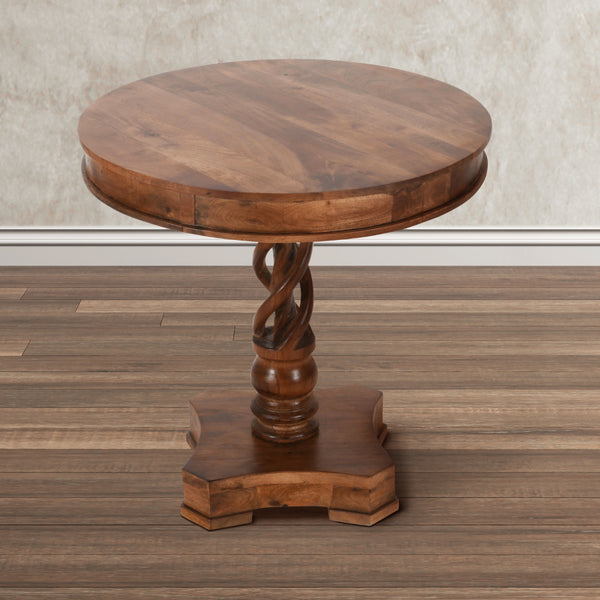 Benzara 30 Inch Handcrafted Round Mango Wood Dinette Artisanal Twisted Pedestal Base Walnut Brown - UPT-213134