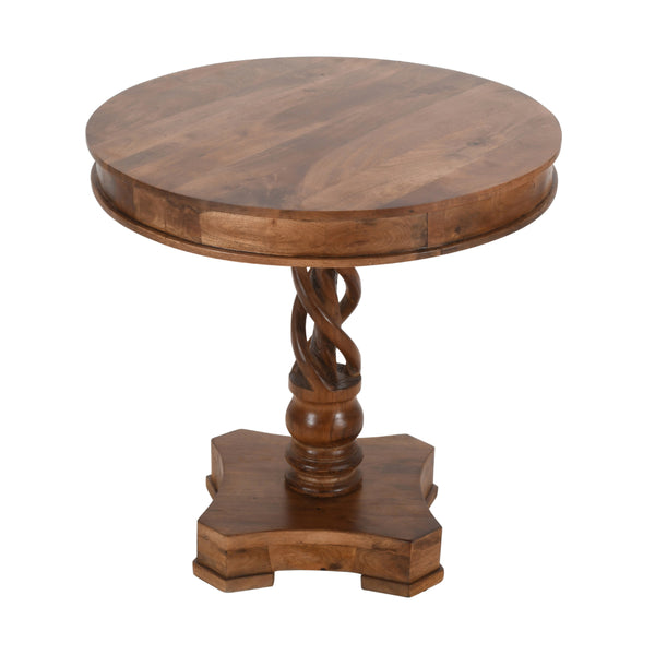 Benzara 30 Inch Handcrafted Round Mango Wood Dinette Artisanal Twisted Pedestal Base Walnut Brown - UPT-213134