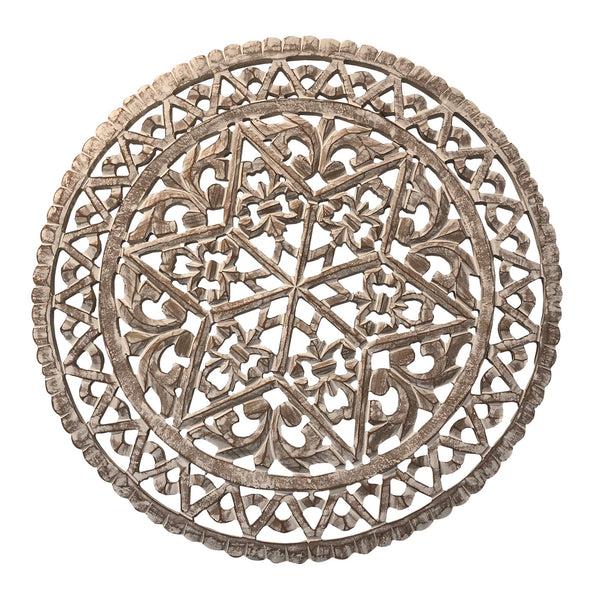 Benzara 30 Inch Round Wooden Carved Wall Art With Intricate Cutouts Distressed White - UPT-225286