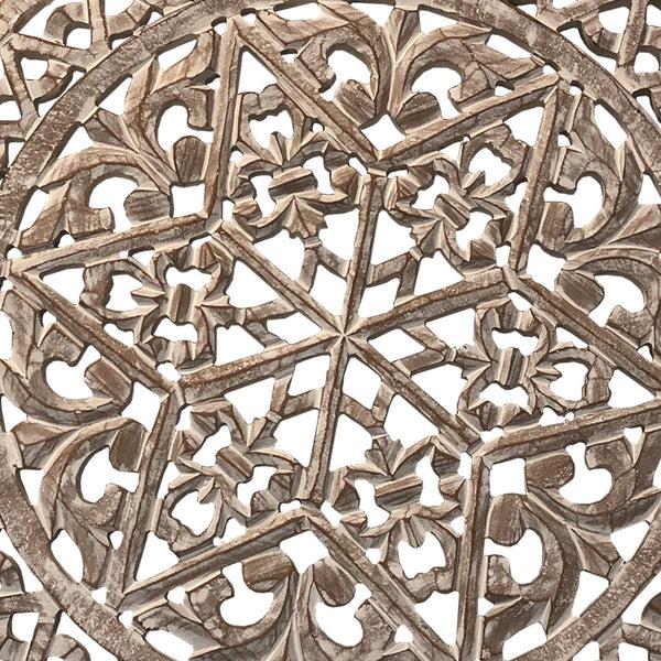 Benzara 30 Inch Round Wooden Carved Wall Art With Intricate Cutouts Distressed White - UPT-225286