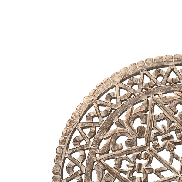 Benzara 30 Inch Round Wooden Carved Wall Art With Intricate Cutouts Distressed White - UPT-225286
