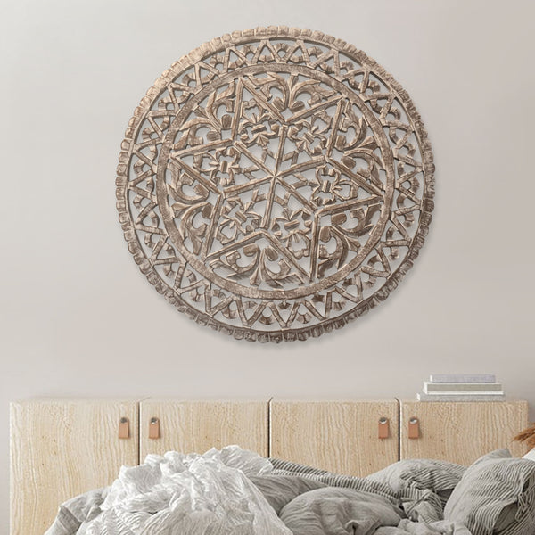 benzara 30 Inch Round Wooden Carved Wall Art with Intricate Cutouts Distressed White - UPT-225286