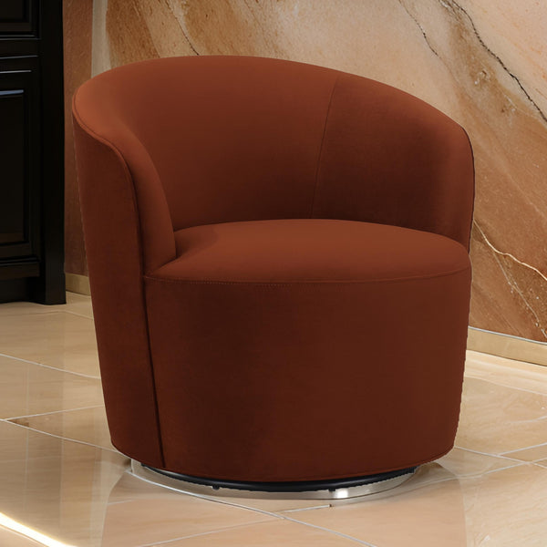 benzara 30 Inch Swivel Accent Chair Padded Barrel Style Burnished Orange Velvet - BM294138