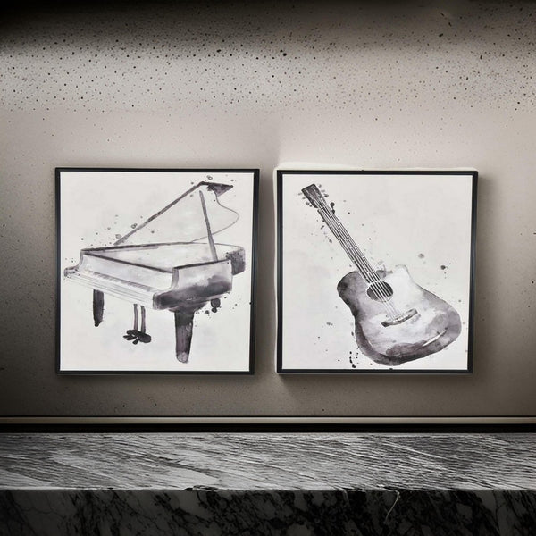benzara 30 x 40 Framed Wall Art Painting Set of 2 Guitar and Piano Black White - BM315650