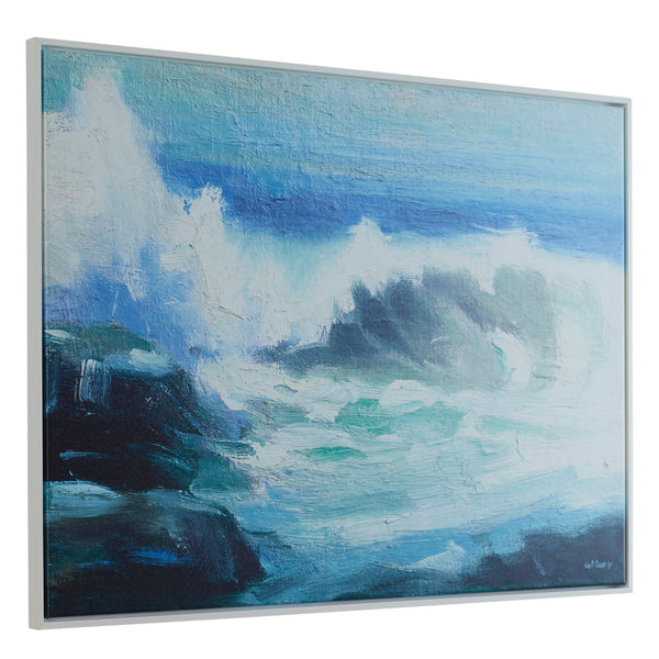 Benzara 31 X 41 Handcrafted Wall Art Crashing Waves On Framed Canvas White Blue - BM315756