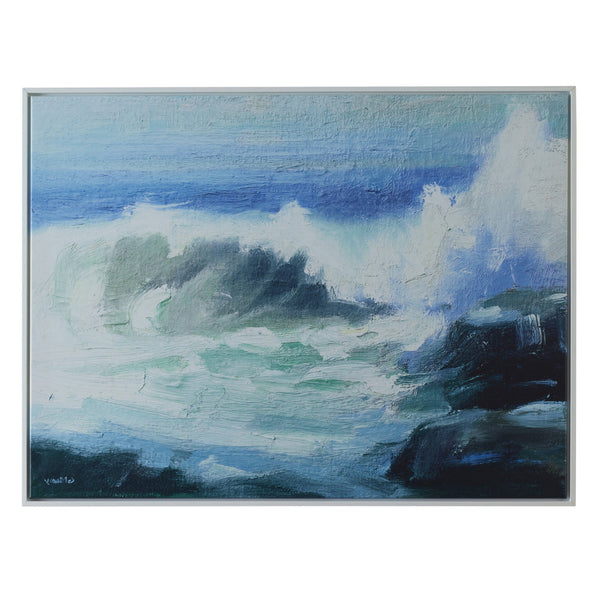 Benzara 31 X 41 Handcrafted Wall Art Crashing Waves On Framed Canvas White Blue - BM315756