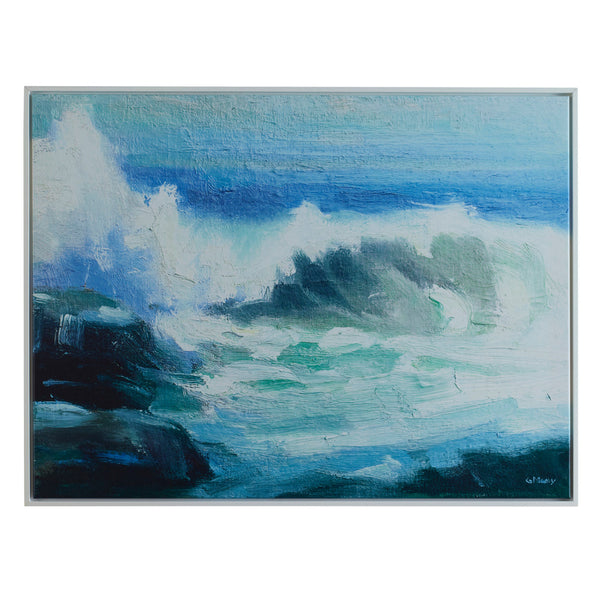 benzara 31 x 41 Handcrafted Wall Art Crashing Waves on Framed Canvas White Blue - BM315756