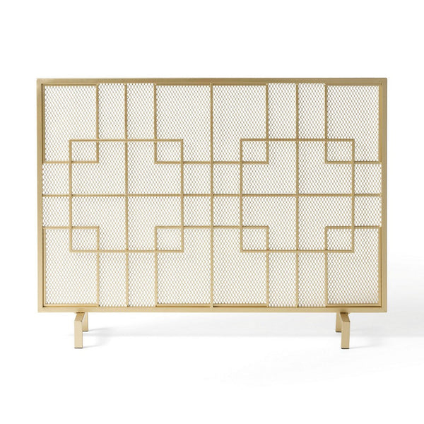 Benzara 31x41 Fireplace Screen Overlapping Square Design Classic Gold Iron -BM325083