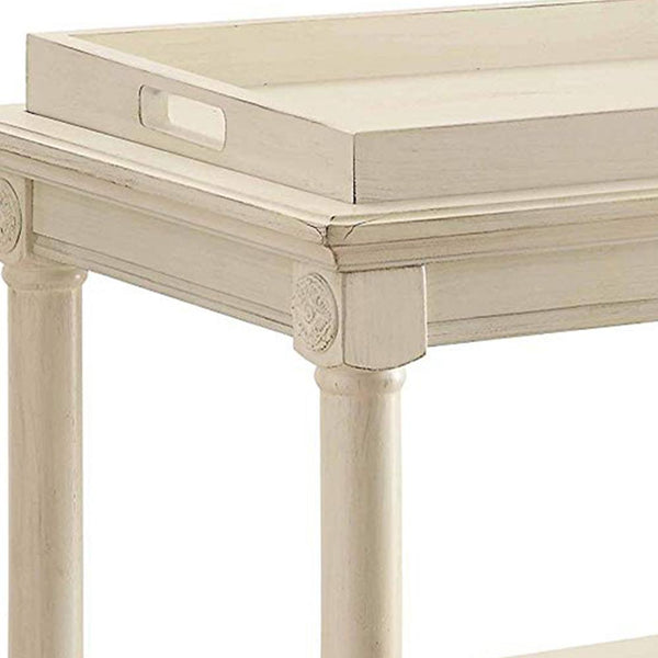 Benzara 32 Inch 2 Tier Wooden Tray Table With Casters Antique White - BM157309