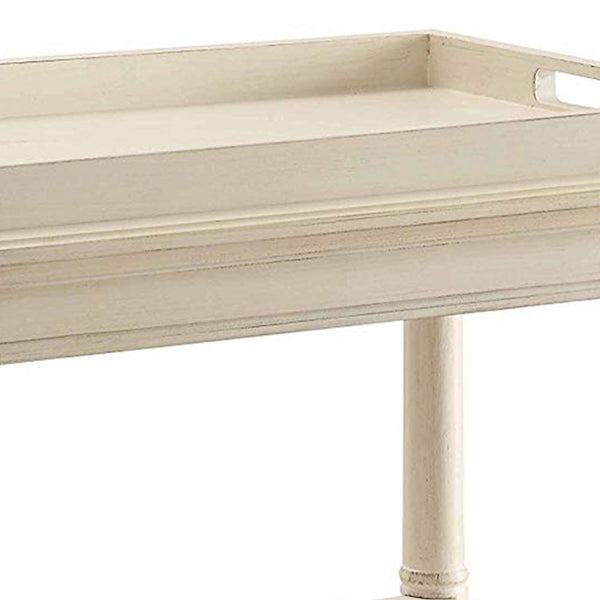 Benzara 32 Inch 2 Tier Wooden Tray Table With Casters Antique White - BM157309