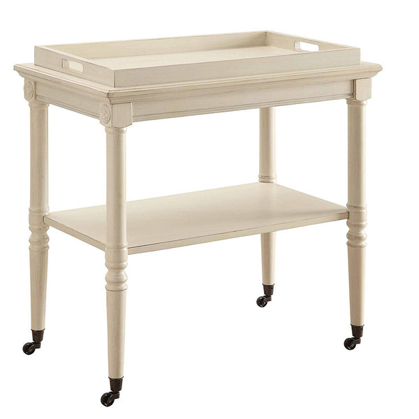 benzara 32 Inch 2 Tier Wooden Tray Table with Casters Antique White - BM157309