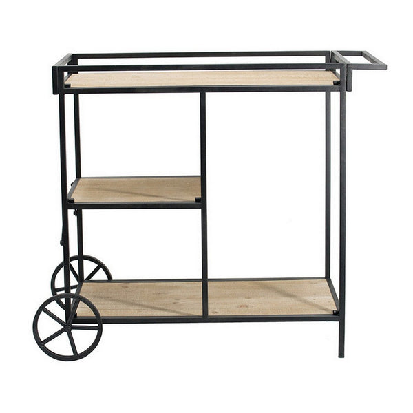 Benzara 32 Inch Bar Cart 3 Tiers Fir Wood Shelves Iron Frame Black Brown - BM285235