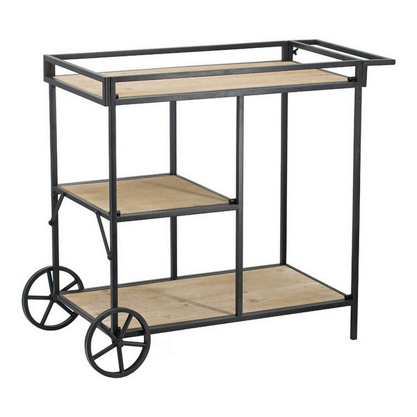 Benzara 32 Inch Bar Cart 3 Tiers Fir Wood Shelves Iron Frame Black Brown - BM285235