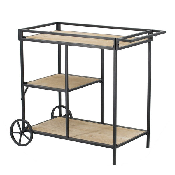 benzara 32 Inch Bar Cart 3 Tiers Fir Wood Shelves Iron Frame Black Brown - BM285235