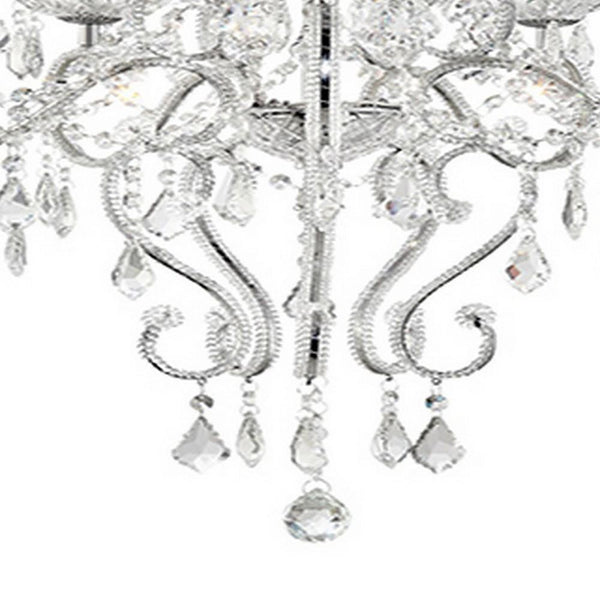 Benzara 32 Inch Ceiling Lamp With Hanging Crystals Round Canopy Silver - BM240301