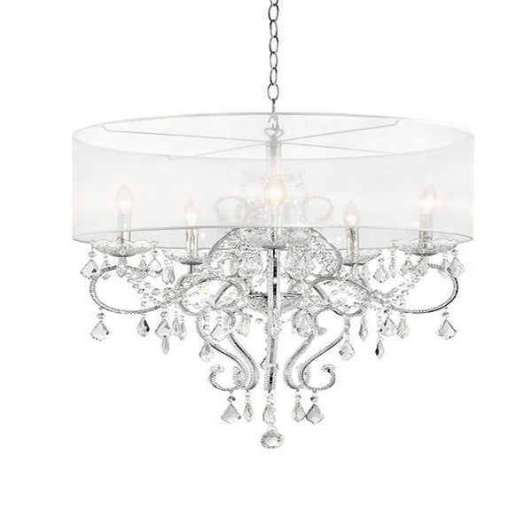 benzara 32 Inch Ceiling Lamp with Hanging Crystals Round Canopy Silver - BM240301
