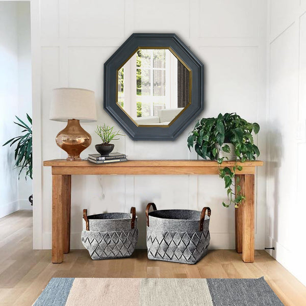 benzara 32 Inch Octagonal Shape Wooden Floating Frame Flat Wall Mirror Gray - UPT-226280