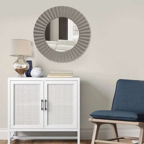 Benzara 32 Inch Round Beveled Floating Wall Mirror With Corrugated Design Wooden Frame Gray - UPT-226279