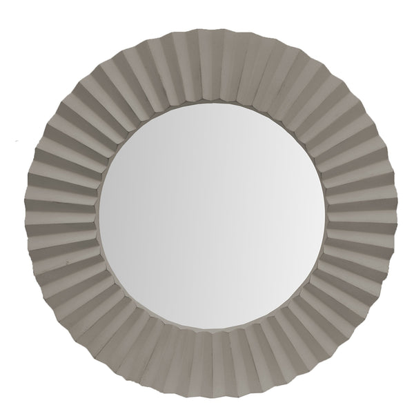 Benzara 32 Inch Round Beveled Floating Wall Mirror With Corrugated Design Wooden Frame Gray - UPT-226279