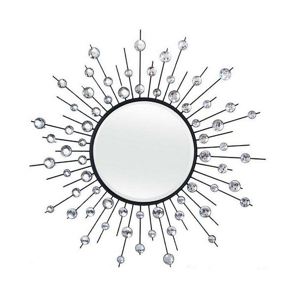 Benzara 32 Inch Wall Decor Round Mirror Sunburst Style Metal Black Silver - BM309819